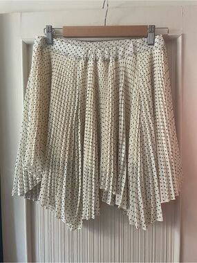 Pleated Polka Dot Asymmetric Midi Skirt - Cream with Black Dots